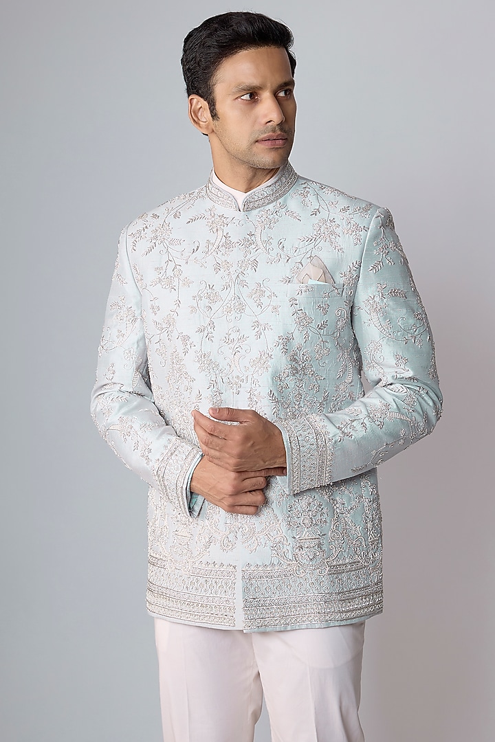 Light Purple Raw Silk Groom Bandhgala Set by Anushree Reddy Men at Pernia's Pop Up Shop