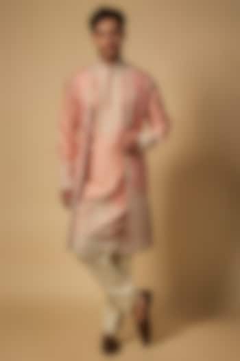 Peach Raw Silk Embroidered Jacket Set by Anushree Reddy Men at Pernia's Pop Up Shop