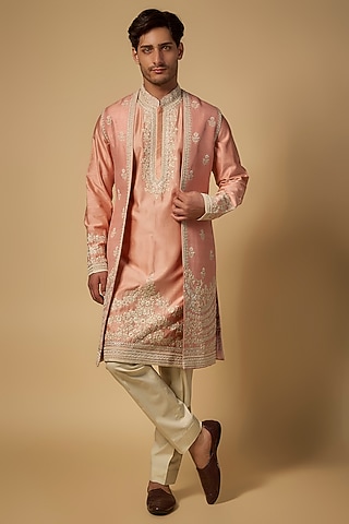 Peach Raw Silk Embroidered Jacket Set by Anushree Reddy Men