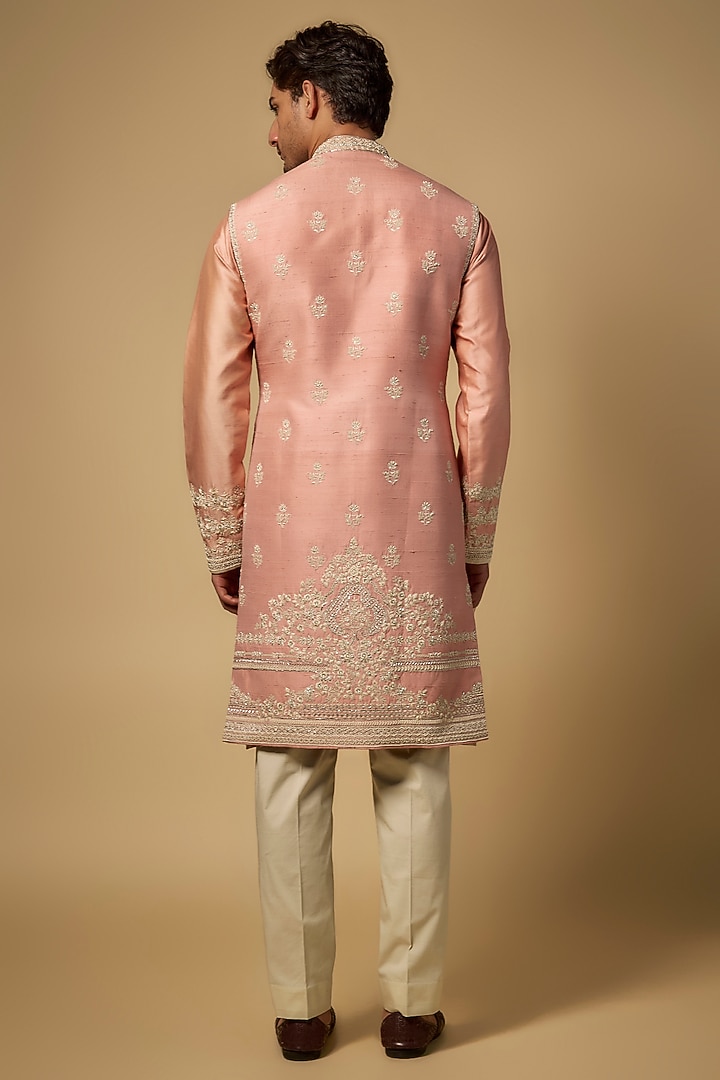 Peach Raw Silk Embroidered Jacket Set by Anushree Reddy Men at Pernia's Pop Up Shop