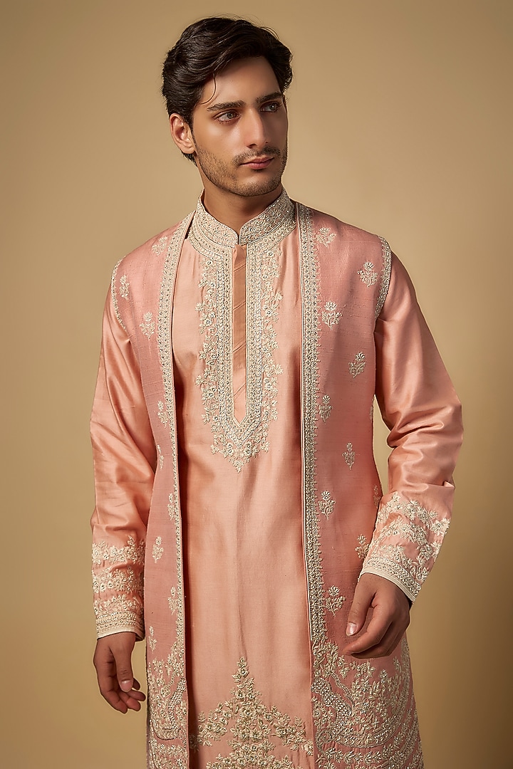 Peach Raw Silk Embroidered Jacket Set by Anushree Reddy Men at Pernia's Pop Up Shop