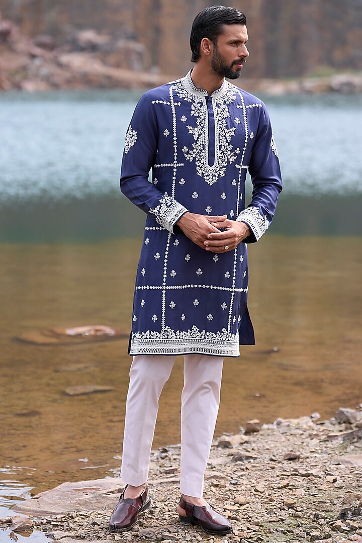 Midnight Blue Silk Cutdana Embroidered Kurta Set by Anushree Reddy Men at Pernia's Pop Up Shop
