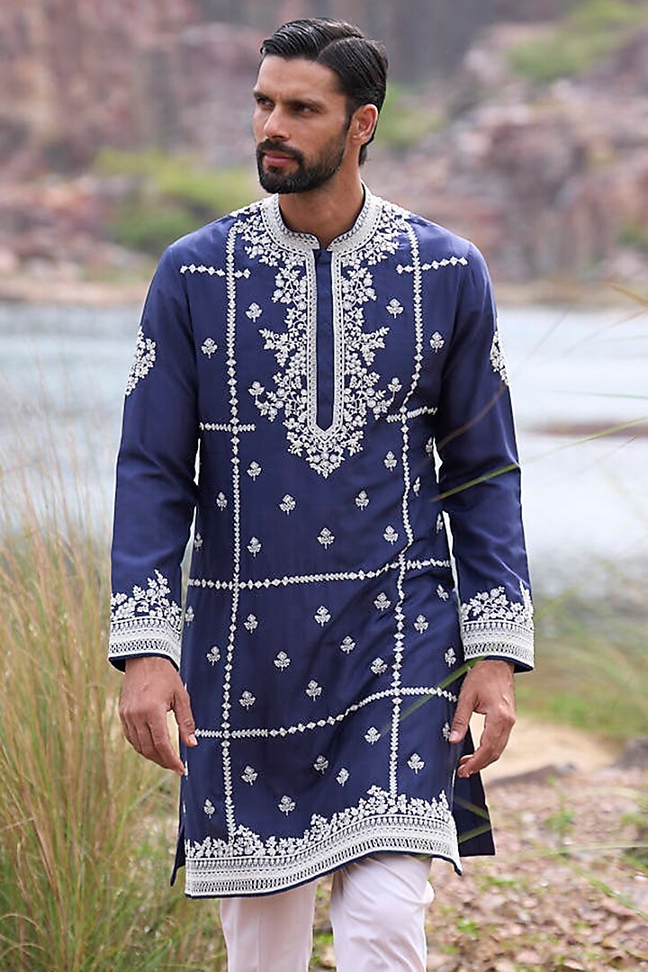 Midnight Blue Silk Cutdana Embroidered Kurta Set by Anushree Reddy Men at Pernia's Pop Up Shop