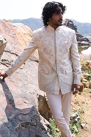 Ivory Raw Silk Thread Embroidered Bandhgala Set by Anushree Reddy Men