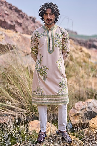 Cream Silk Embroidered Kurta Set by Anushree Reddy Men