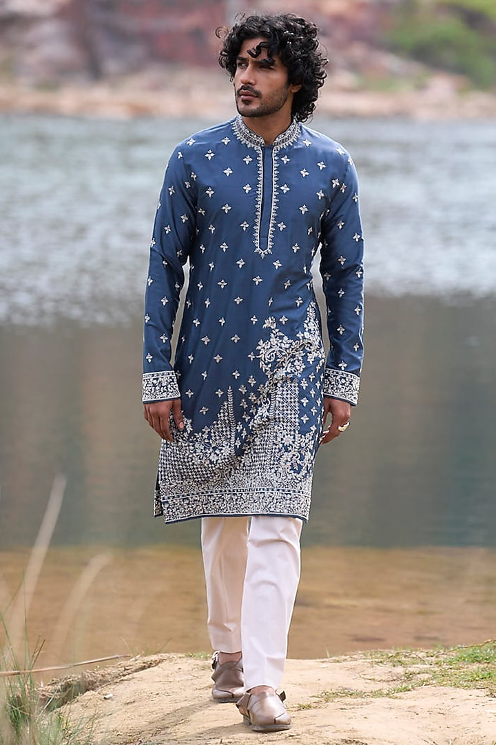 Teal Blue Thread Embroidered Kurta Set by Anushree Reddy Men at Pernia's Pop Up Shop