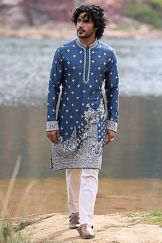 Teal Blue Thread Embroidered Kurta Set by Anushree Reddy Men