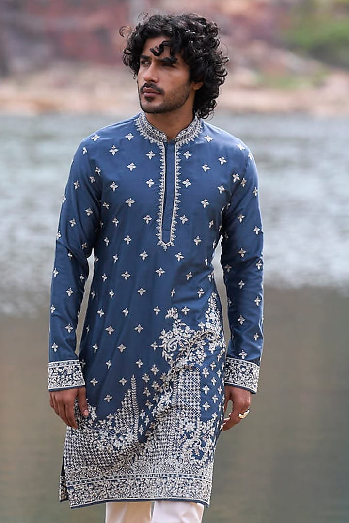 Teal Blue Thread Embroidered Kurta Set by Anushree Reddy Men at Pernia's Pop Up Shop
