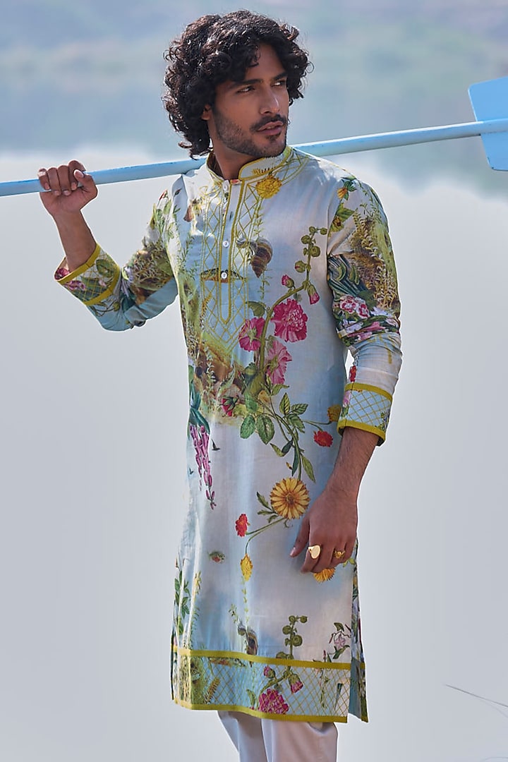 Sea Green Silk Printed Kurta Set by Anushree Reddy Men at Pernia's Pop Up Shop