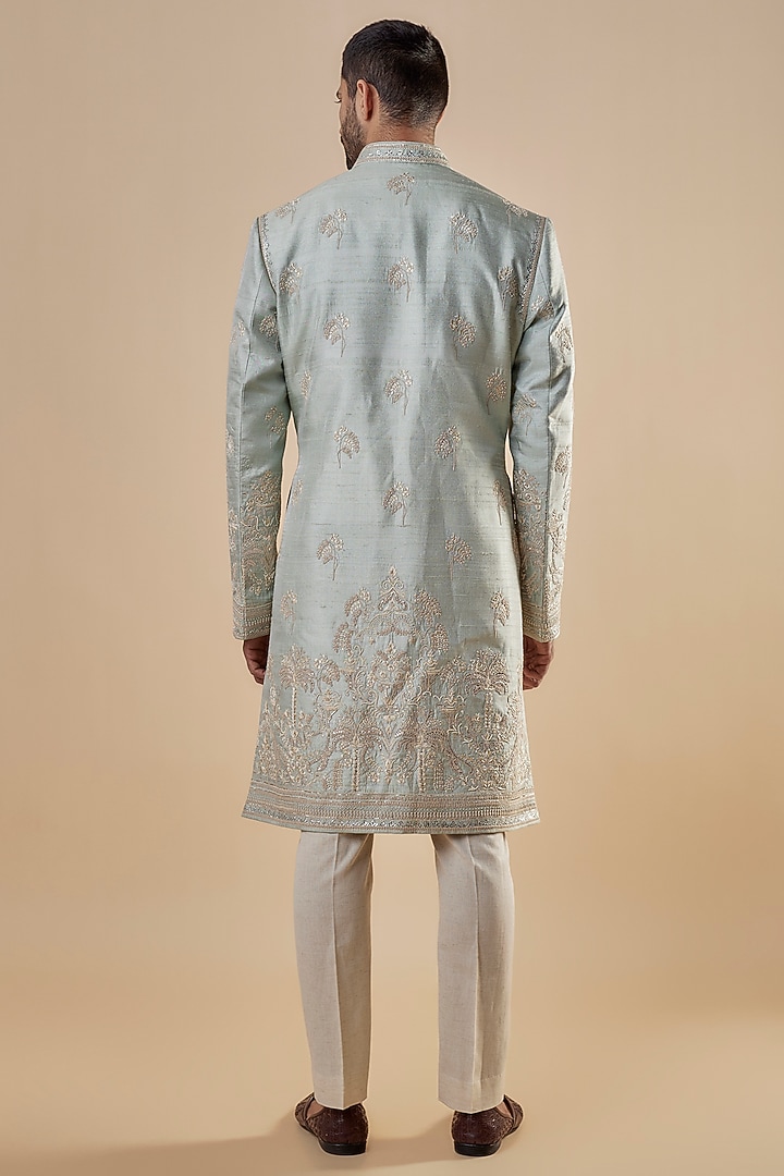 Pastel Mint Raw Silk Zardosi Embroidered Groom Sherwani Set by Anushree Reddy Men at Pernia's Pop Up Shop