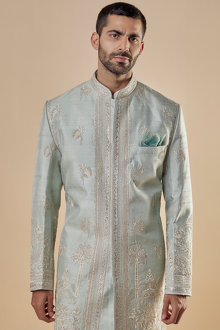Pastel Mint Raw Silk Zardosi Embroidered Groom Sherwani Set by Anushree Reddy Men at Pernia's Pop Up Shop