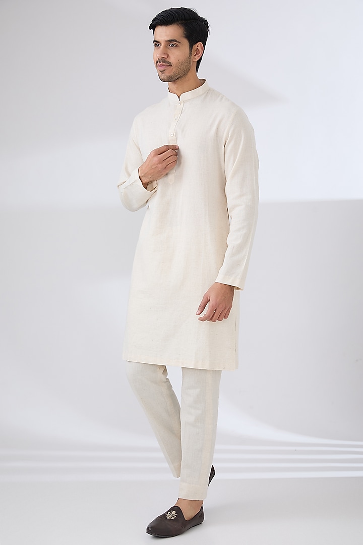 Ivory Raw Silk & Cotton Embroidered Groom Sherwani Set by Anushree Reddy Men at Pernia's Pop Up Shop