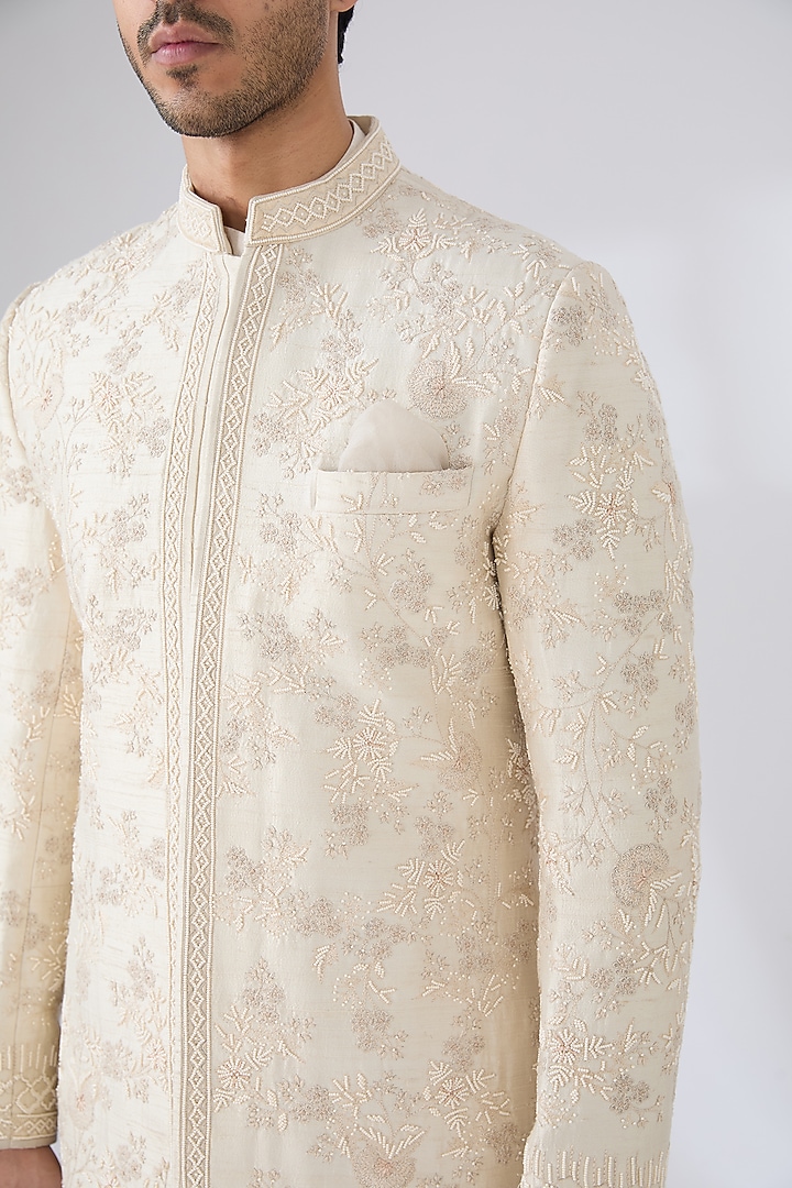 Ivory Raw Silk & Cotton Embroidered Groom Sherwani Set by Anushree Reddy Men at Pernia's Pop Up Shop