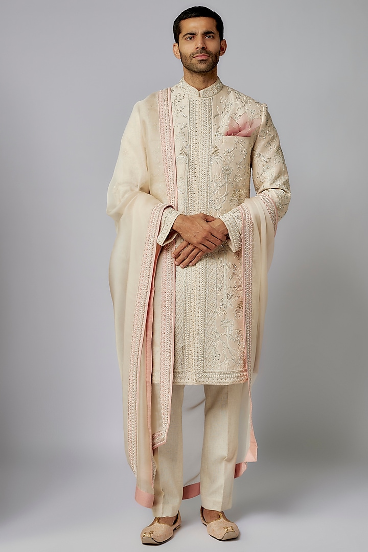 Pastel Pink Raw Silk Thread Embroidered Sherwani Set by Anushree Reddy Men