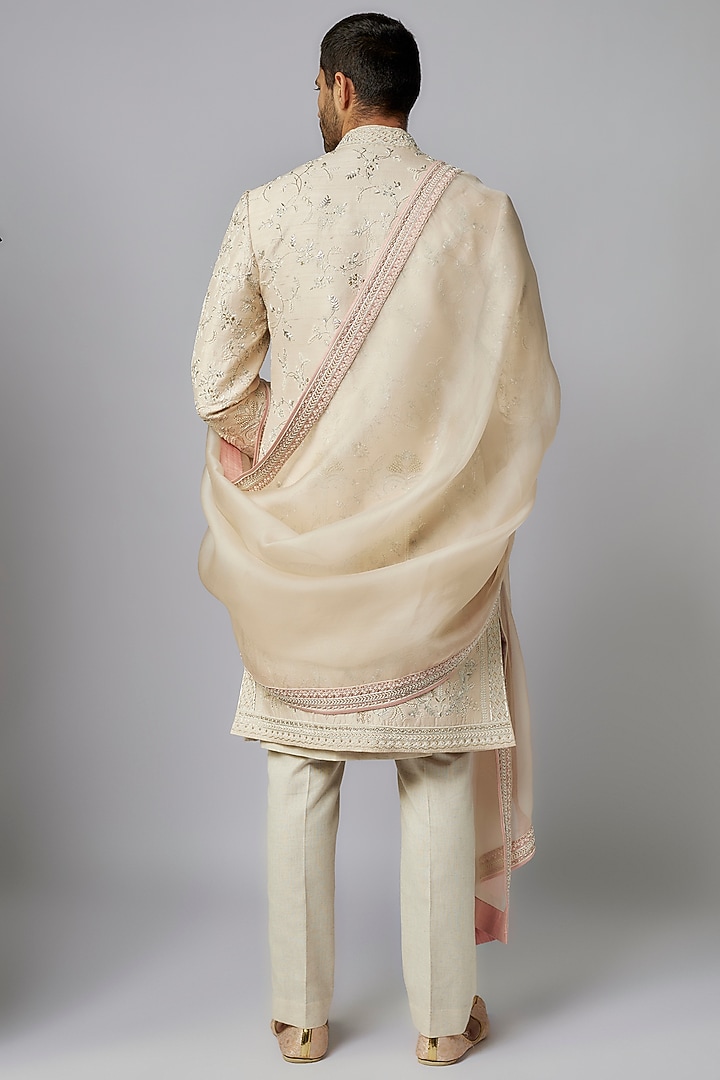 Ivory Raw Silk Thread Embroidered Groom Sherwani Set by Anushree Reddy Men at Pernia's Pop Up Shop