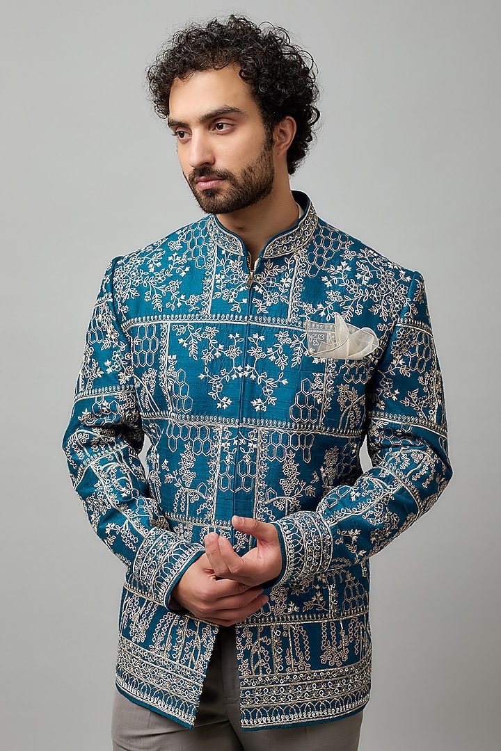 Teal Blue Raw Silk Embroidered Bandhgala Set by Anushree Reddy Men at Pernia's Pop Up Shop