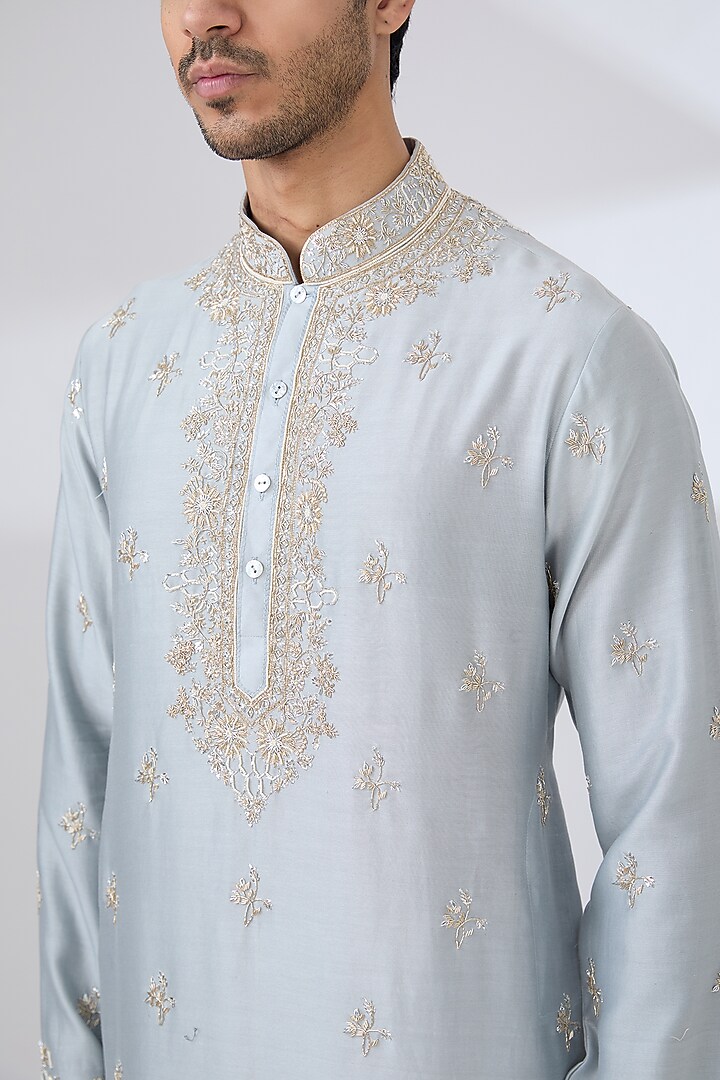 Soft Blue Chanderi Embroidered Kurta Set by Anushree Reddy Men at Pernia's Pop Up Shop