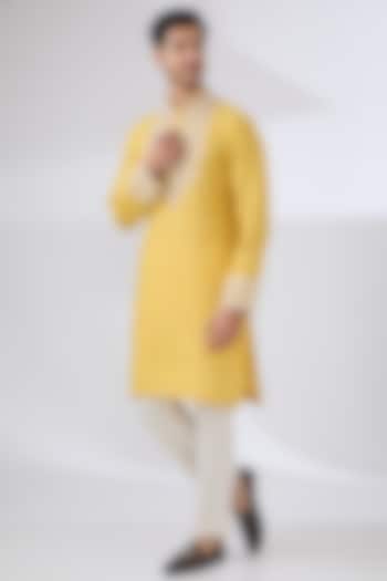 Soft Yellow Linen Embroidered Kurta Set by Anushree Reddy Men
