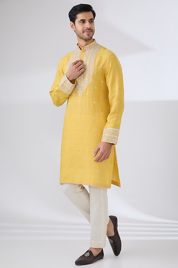 Soft Yellow Linen Embroidered Kurta Set by Anushree Reddy Men