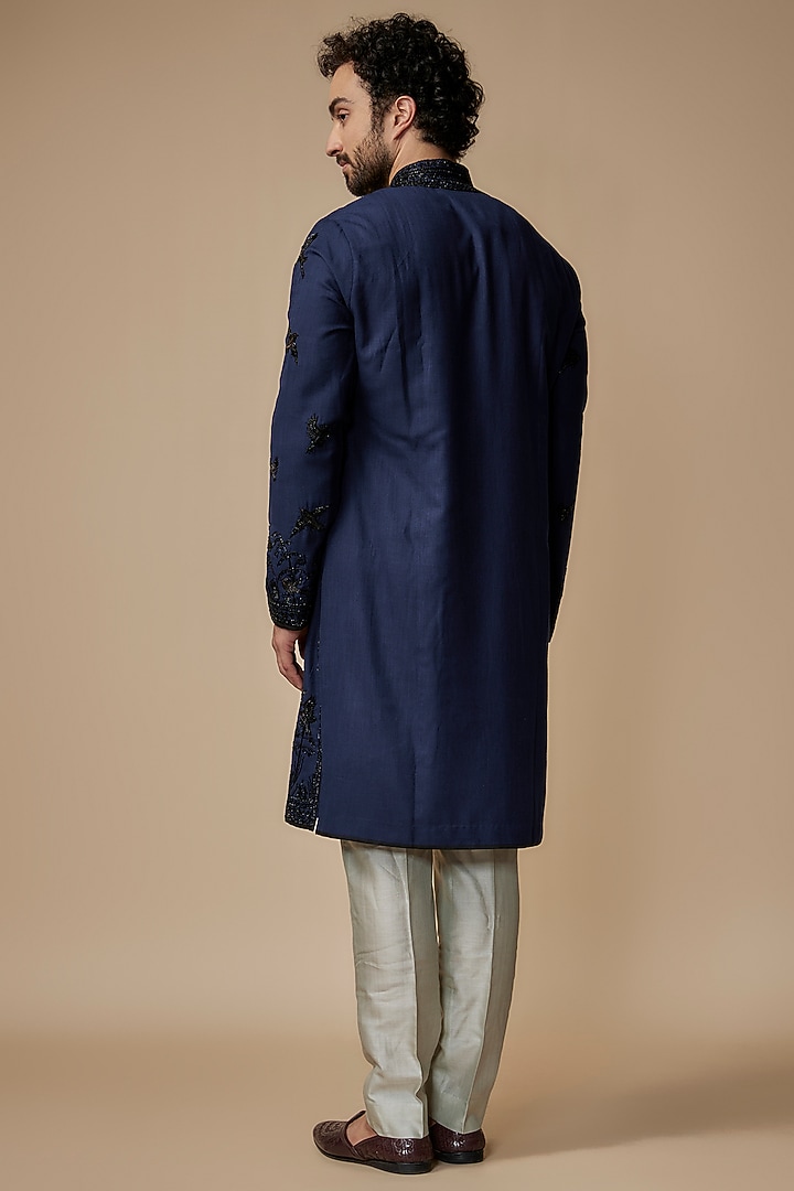 Navy Blue Chanderi Embroidered Kurta Set by Anushree Reddy Men at Pernia's Pop Up Shop