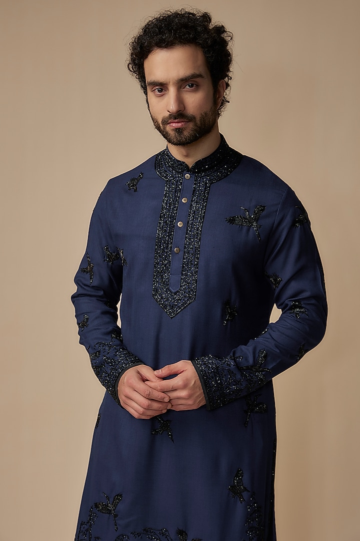 Navy Blue Chanderi Embroidered Kurta Set by Anushree Reddy Men at Pernia's Pop Up Shop