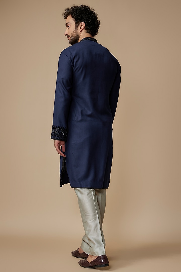 Navy Blue Chanderi Embroidered Kurta Set by Anushree Reddy Men at Pernia's Pop Up Shop