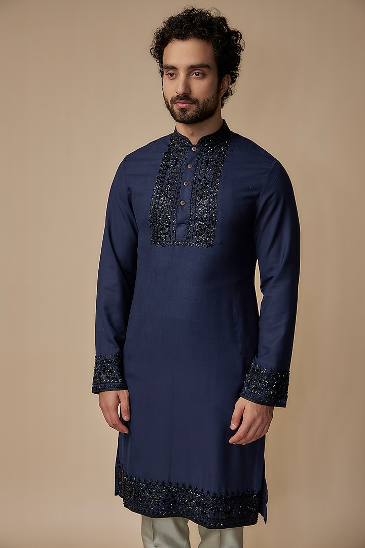 Navy Blue Chanderi Embroidered Kurta Set by Anushree Reddy Men at Pernia's Pop Up Shop
