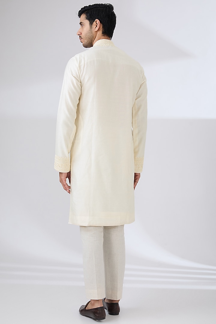 Ivory Silk Embroidered Kurta Set by Anushree Reddy Men at Pernia's Pop Up Shop