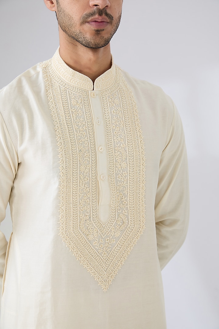 Ivory Silk Embroidered Kurta Set by Anushree Reddy Men at Pernia's Pop Up Shop