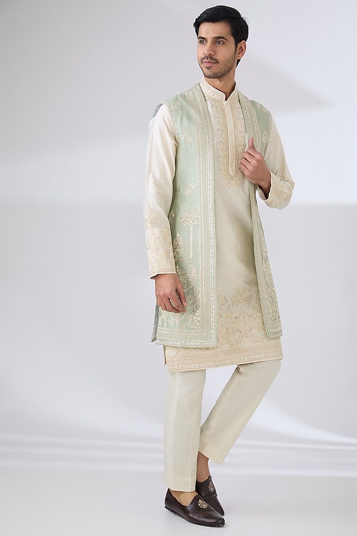 Mint Green Silk Thread Embroidered Indowestern Set by Anushree Reddy Men
