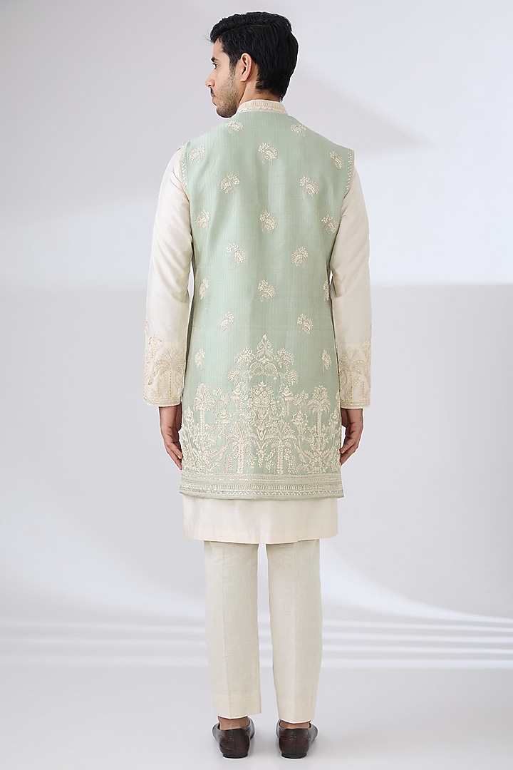 Mint Green Silk Thread Embroidered Groom Indowestern Set by Anushree Reddy Men at Pernia's Pop Up Shop