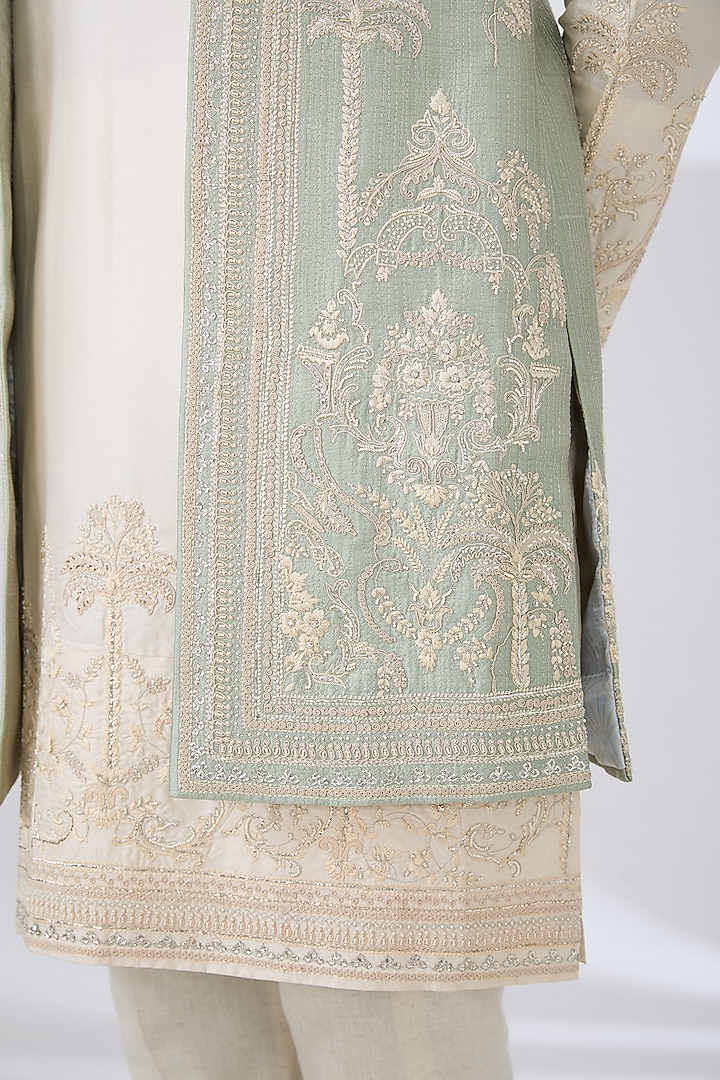 Mint Green Silk Thread Embroidered Groom Indowestern Set by Anushree Reddy Men at Pernia's Pop Up Shop