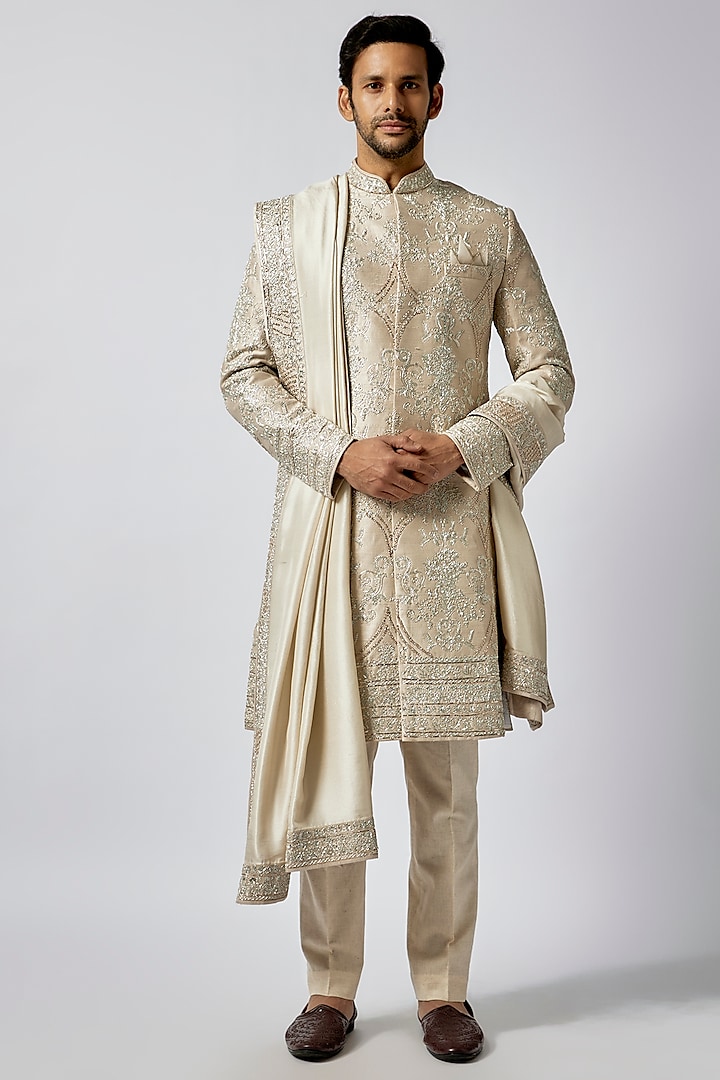 Ivory Raw Silk Thread Embroidered Sherwani Set by Anushree Reddy Men at Pernia's Pop Up Shop