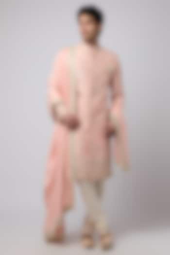 Pink Raw Silk Embroidered Sherwani Set by Anushree Reddy Men