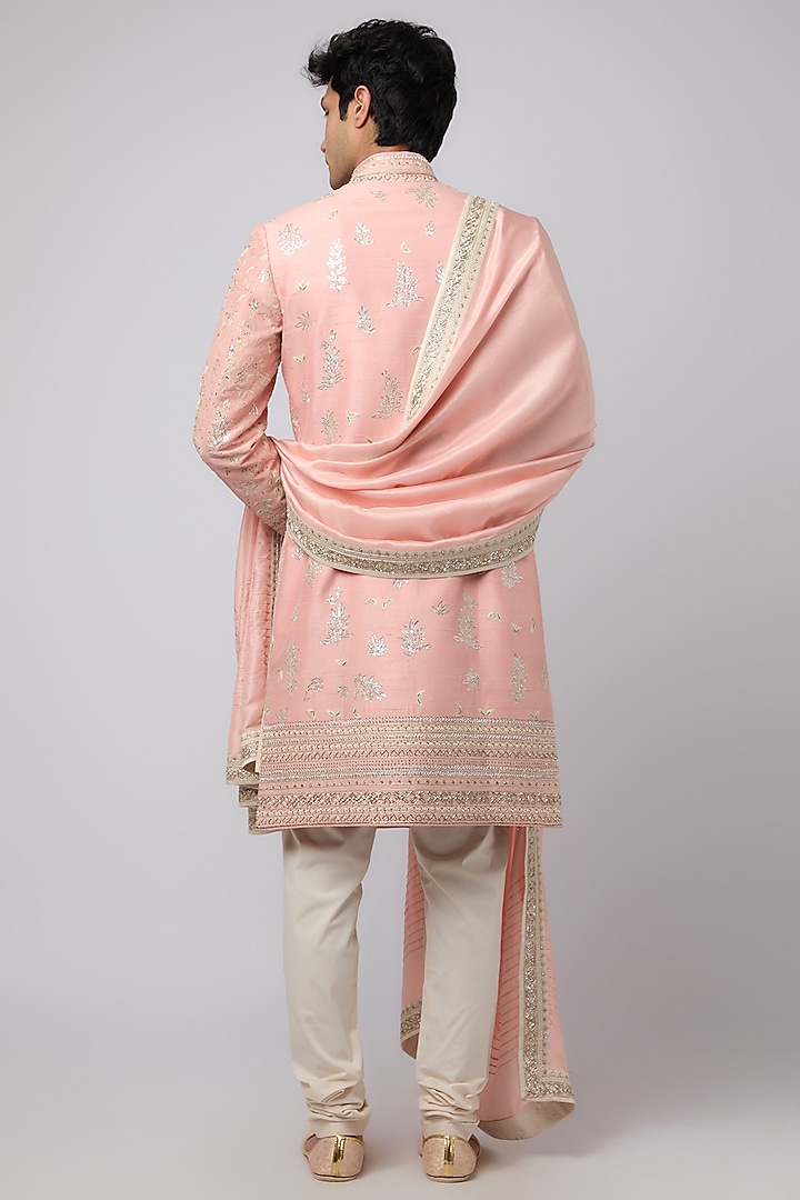 Pink Raw Silk Embroidered Groom Sherwani Set by Anushree Reddy Men at Pernia's Pop Up Shop