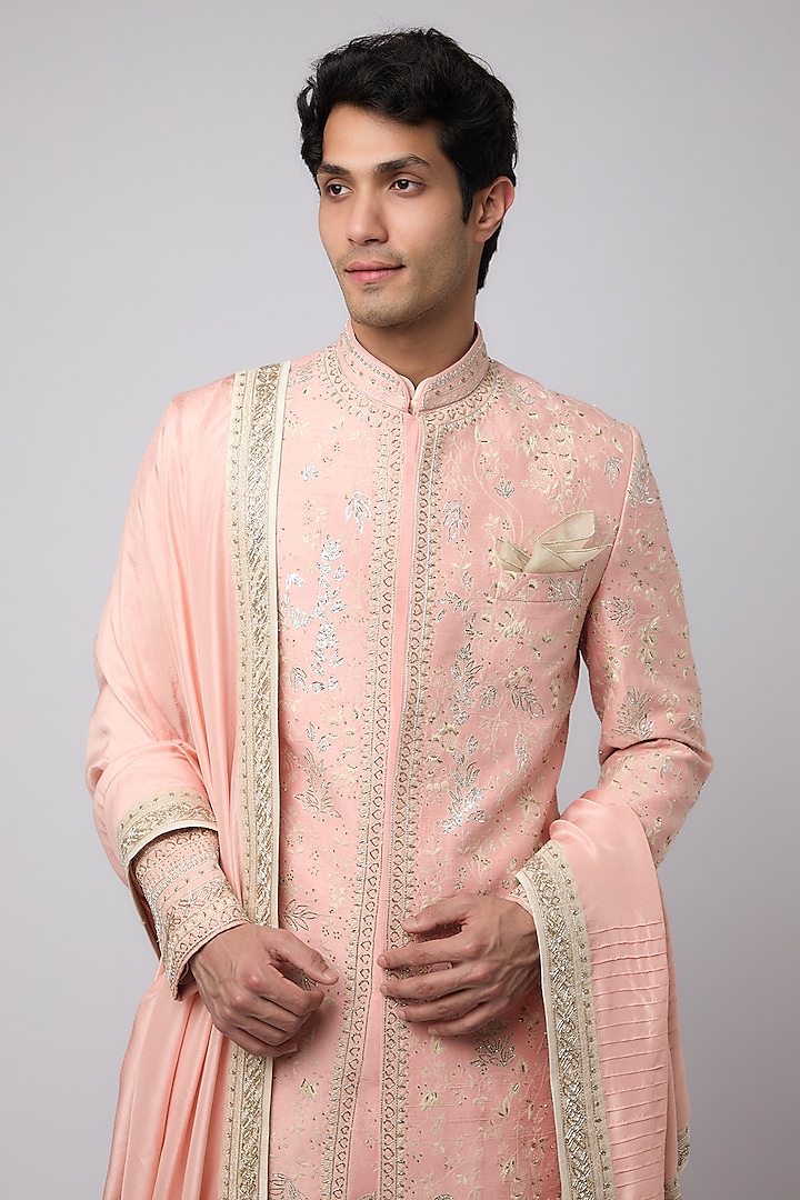 Pink Raw Silk Embroidered Groom Sherwani Set by Anushree Reddy Men at Pernia's Pop Up Shop