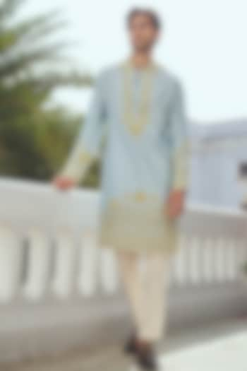 Aqua Blue Chanderi Kurta Set by Anushree Reddy Men