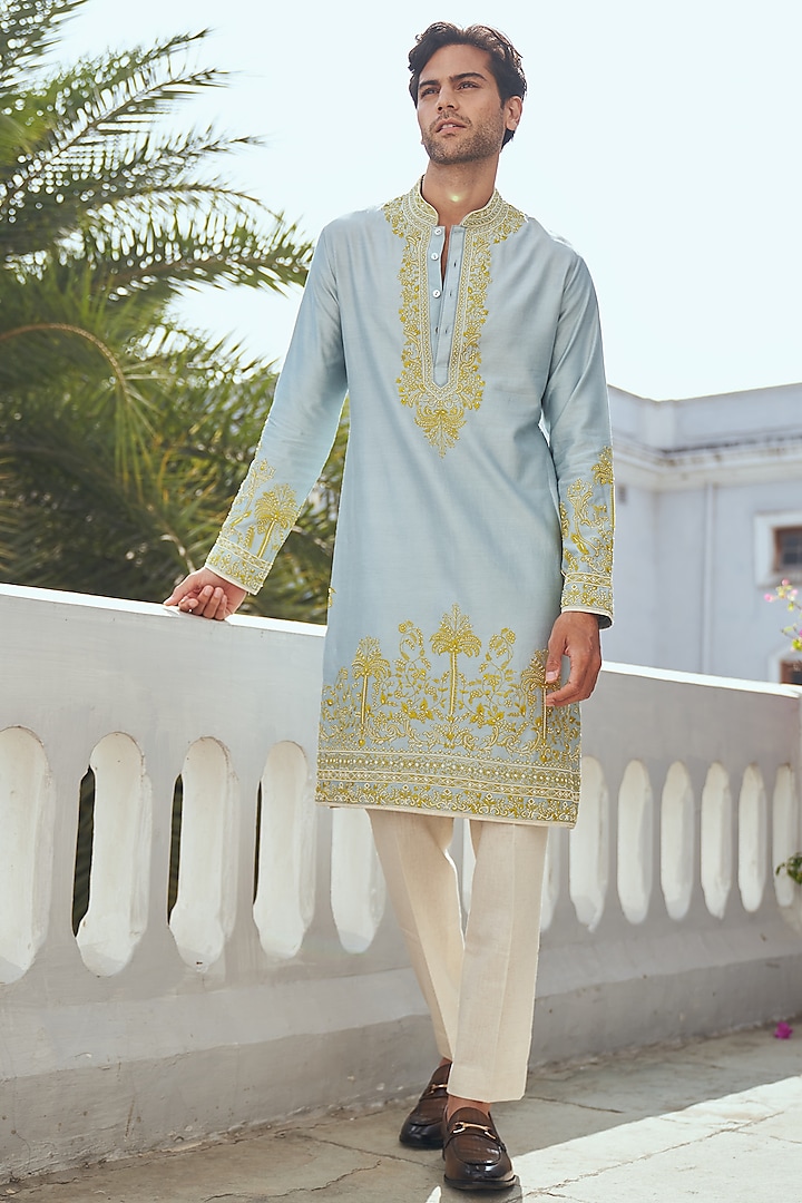 Aqua Blue Chanderi Kurta Set by Anushree Reddy Men