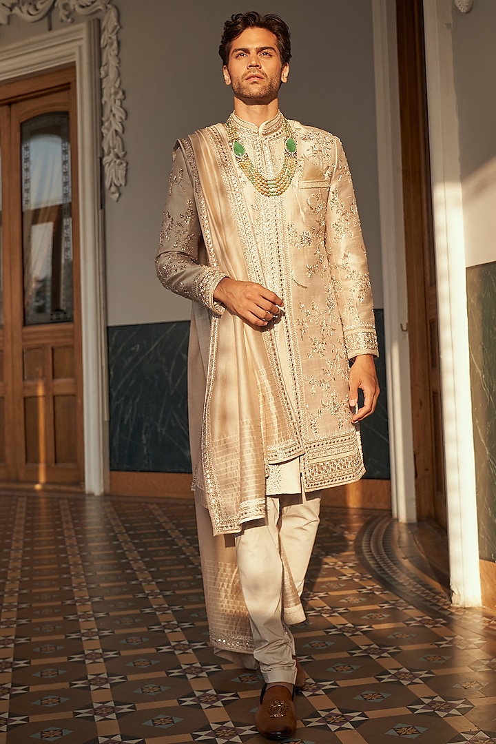 Ivory Raw Silk Lotus Embroidered Sherwani Set by Anushree Reddy Men