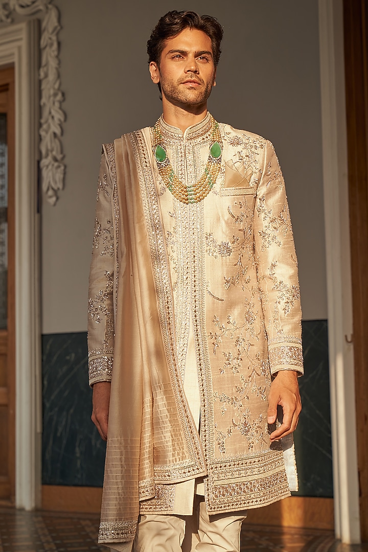 Ivory Raw Silk Lotus Embroidered Groom Sherwani Set by Anushree Reddy Men at Pernia's Pop Up Shop