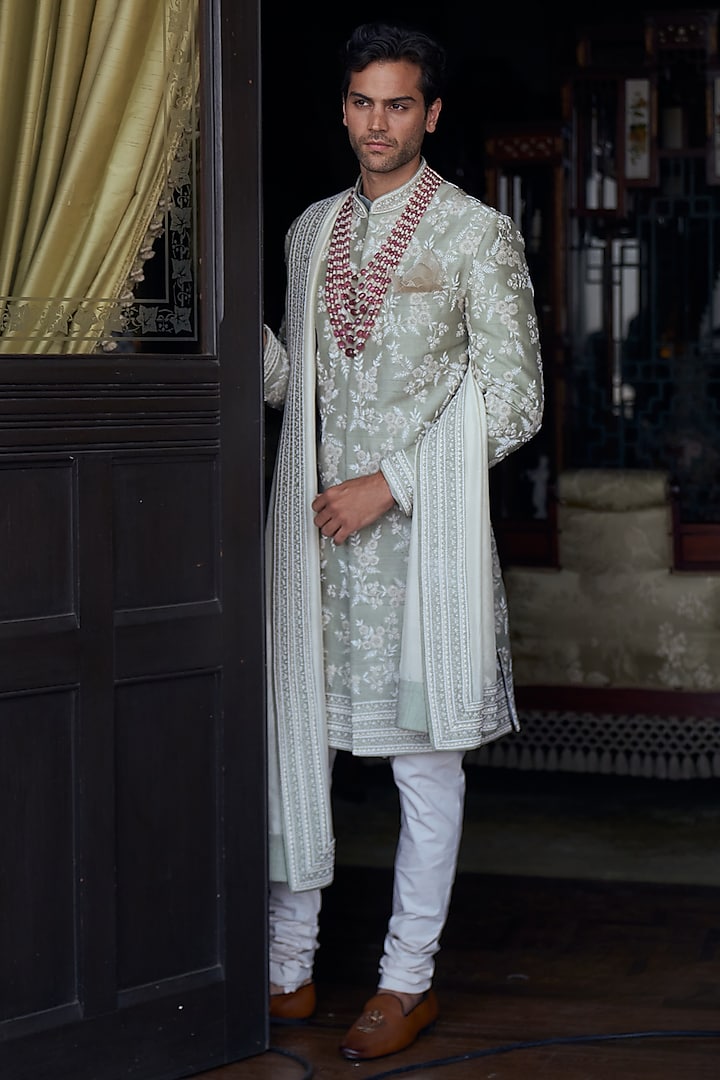 Mint Green Raw Silk Floral Dori Embroidered Groom Sherwani Set by Anushree Reddy Men at Pernia's Pop Up Shop