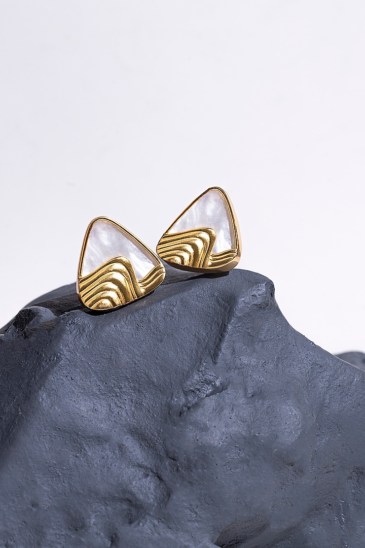 Gold Finish Pearl Trey Stud Earrings by Anaash