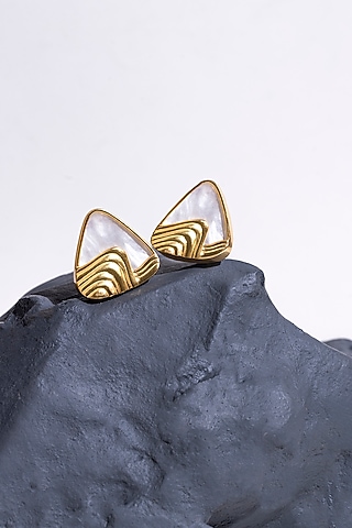 Gold Finish Pearl Trey Stud Earrings by Anaash