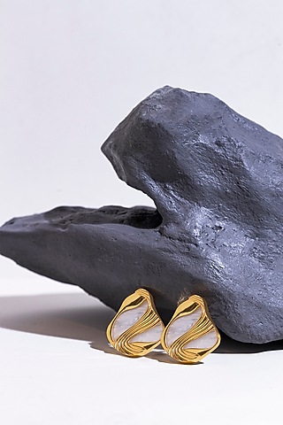 Gold Finish Pearl Amby Stud Earrings by Anaash