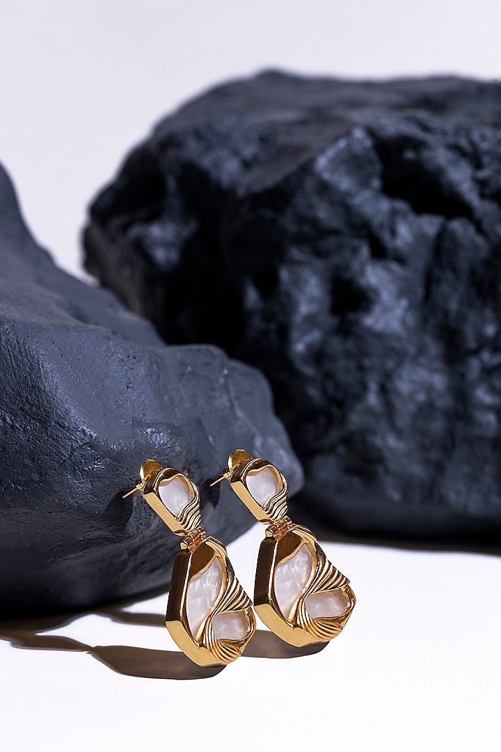 Gold Finish Pearl Mini Pret Dangler Earrings by Anaash