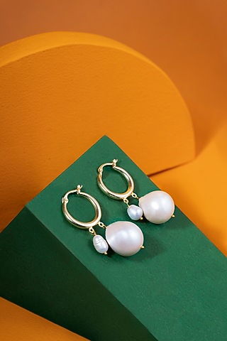 Gold Plated Baroque Pearl Dangler Earrings by Anaash