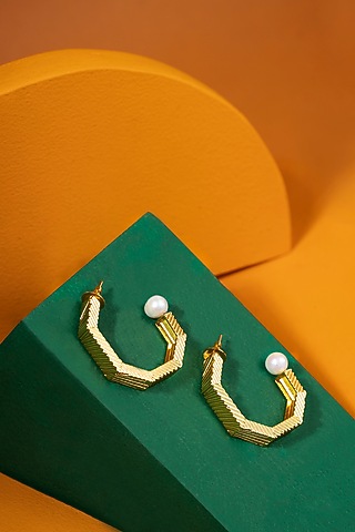 Gold Plated Baroque Pearl Hoop Earrings by Anaash