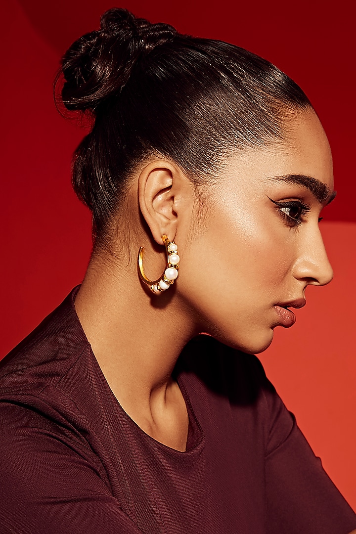 Gold Finish Pearl Hoop Earrings by Anaash
