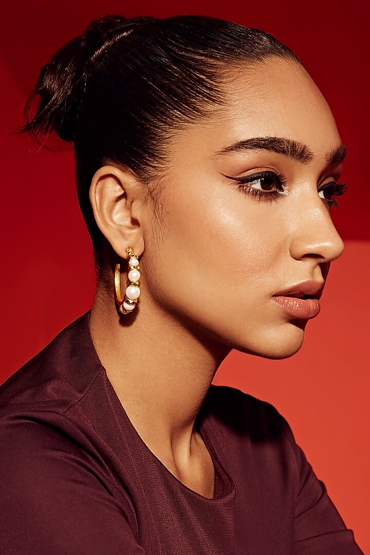 Gold Finish Pearl Hoop Earrings by Anaash at Pernia's Pop Up Shop