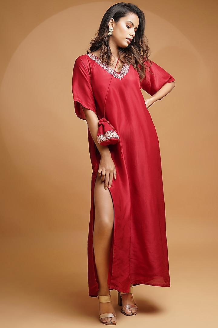Fiery Red Embroidered Kaftan With Potli by Label Anshita Garg